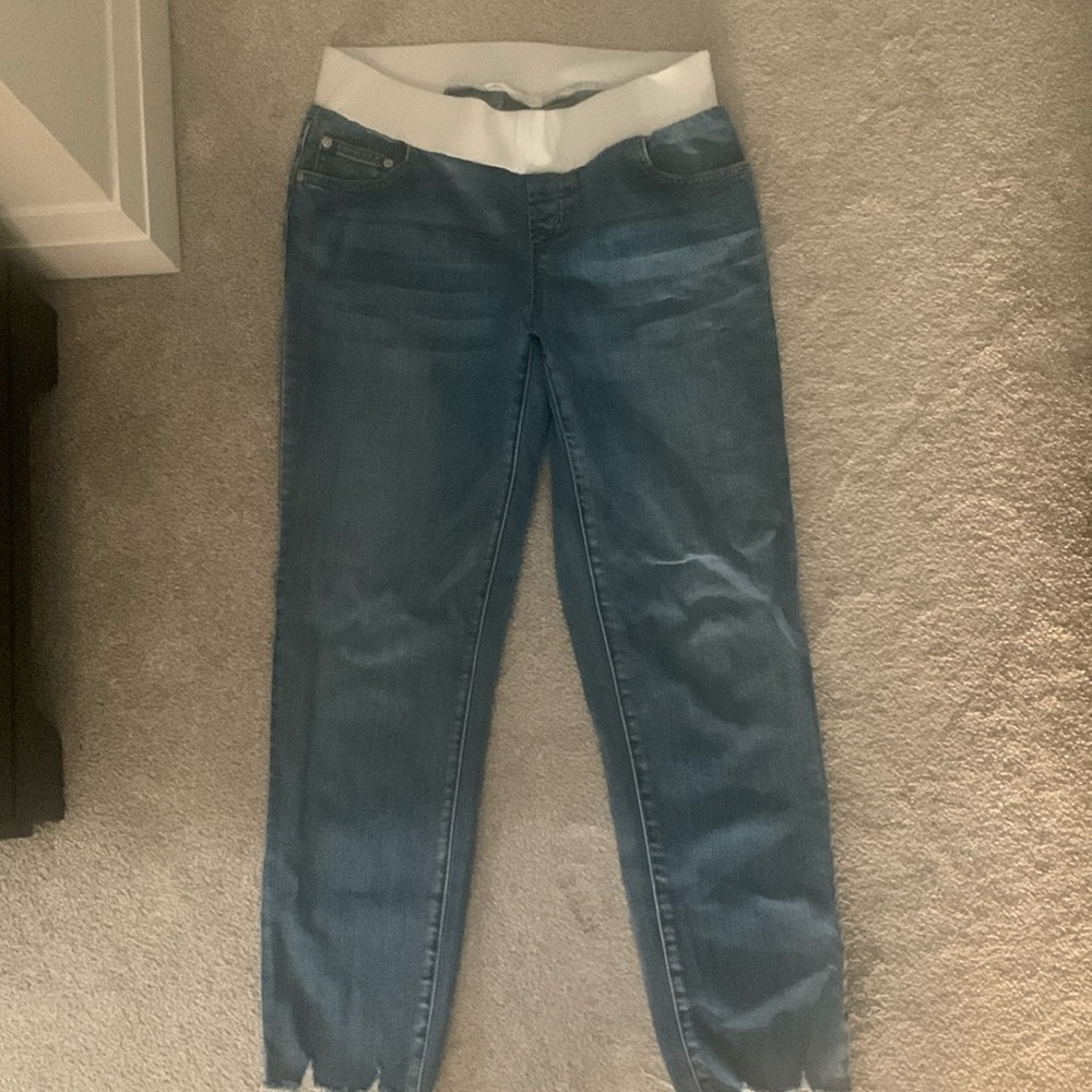 Ripe denim raw edge maternity jeans.